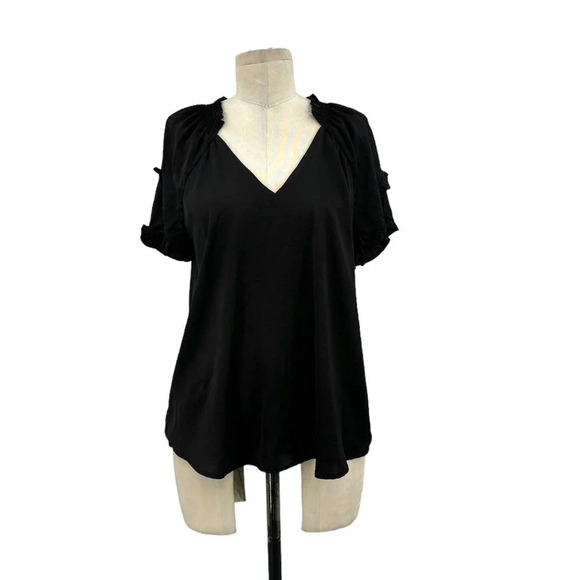 Current‎ Air Los Angeles Black Ruffle Short Sleeve Blouse Size Small - Picture 1 of 11